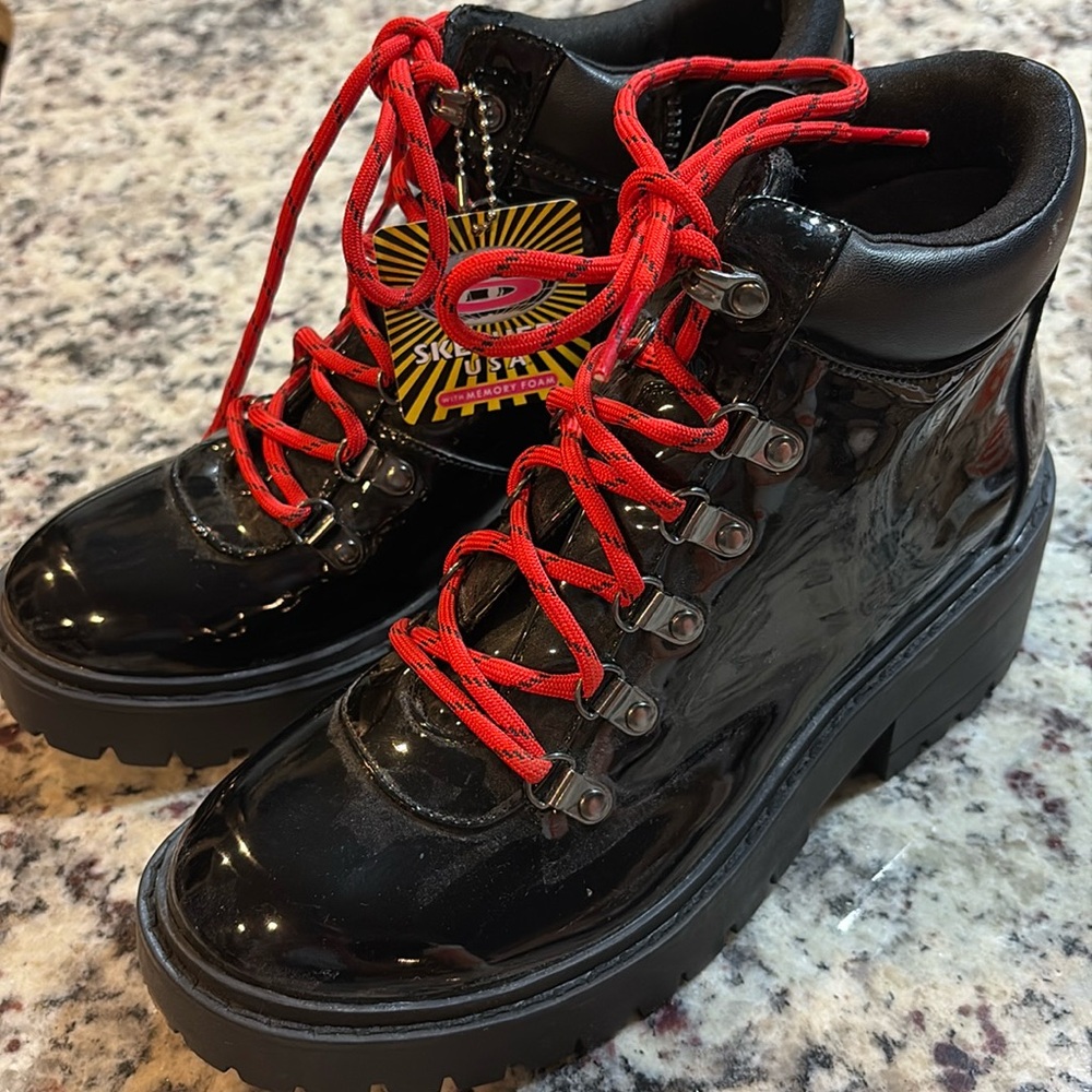 Skechers black patent leather boots